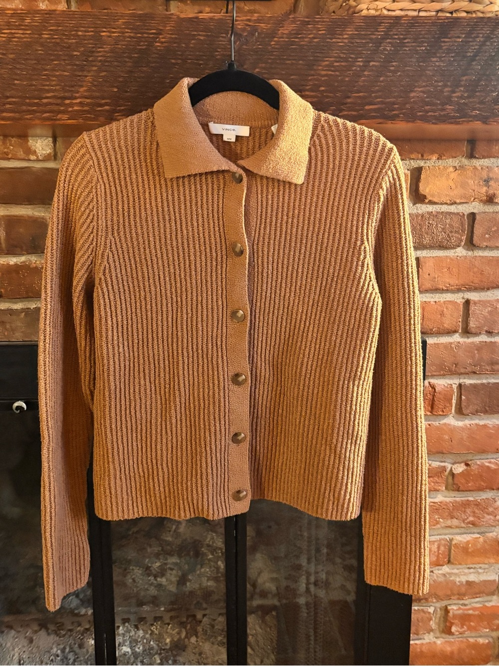 Vince Ribbed Button-Front Polo Cardigan in Camel